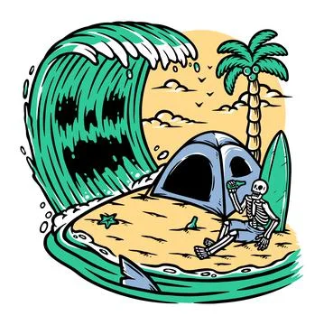 Skull camping on the beach Illustrazione stock