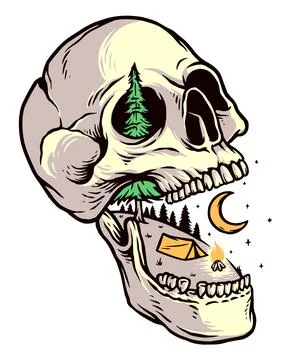 Skull camping vector illustration design hand drawn Stock Illustration