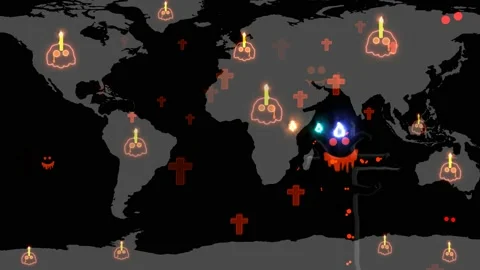 Skull candle on continents while the hungry spirits ghost play funny in Stock Footage 138804912