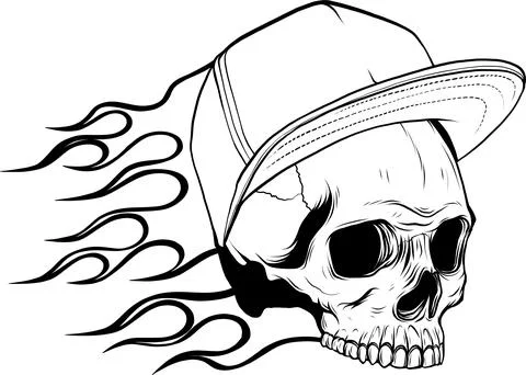 Skull with cap and flames on white background. vector illustration Monochrome Illustrazione stock