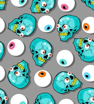 Skull cartoon pattern seamless. Crazy skeleton head sketch hand drawing backg Illustrazione stock