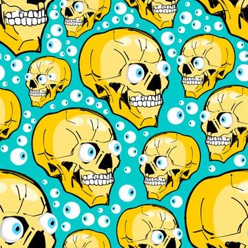 Skull cartoon pattern seamless. Crazy skeleton head sketch hand drawing backg Illustrazione stock