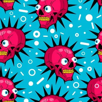 Skull cartoon pattern seamless. Crazy skeleton head sketch hand drawing backg Illustrazione stock