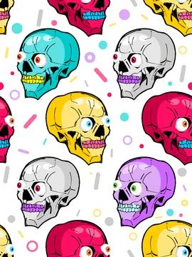 Skull cartoon pattern seamless. Crazy skeleton head sketch hand drawing backg Illustrazione stock