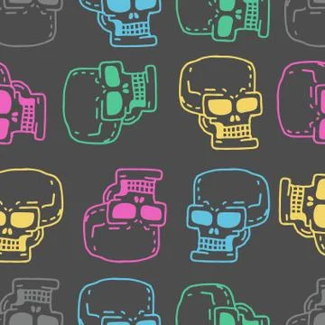 Skull cartoon seamless pattern. Skeleton head drawing ornament. Medicine back Stock Illustration