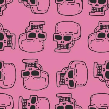 Skull cartoon seamless pattern. Skeleton head drawing ornament. Medicine back Illustrazione stock