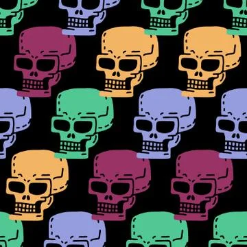Skull cartoon seamless pattern. Skeleton head drawing ornament. Medicine back Illustrazione stock
