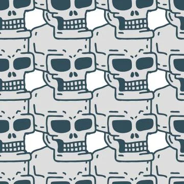 Skull cartoon seamless pattern. Skeleton head drawing ornament. Medicine back Stock Illustration
