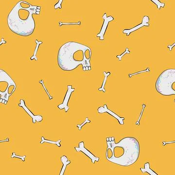 Skull cartoon seamless pattern. Skeleton head drawing ornament. Stock Illustration