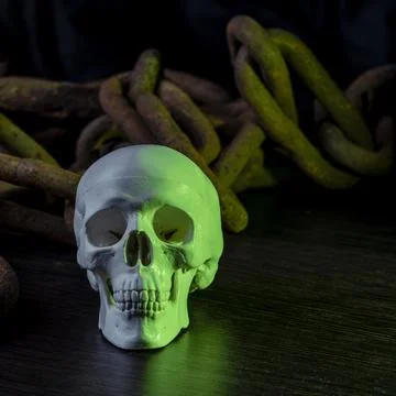 Skull in chains on a wooden table. The concept of magic. Stock Photos