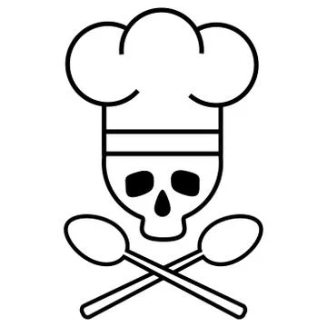 Skull chef in chef s hat with crossed spoons. Logo, icon. Black-and-white dra Stock Illustration