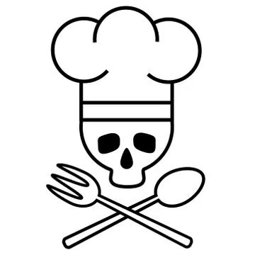 Skull chef in chef s hat with crossed spoon and fork. Logo, icon. Black-and-w Stock Illustration