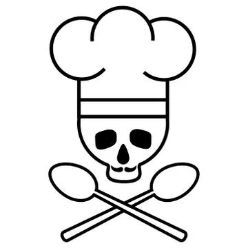 Skull chef with a mustache in a chef s hat with crossed spoons. Logo, icon. B Illustrazione stock