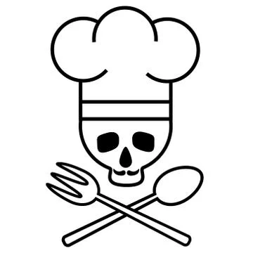 Skull chef with mustache in chef s hat with crossed spoon and fork. Logo, ico Stock Illustration