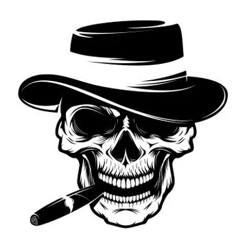 Skull with cigar and hat. Design element for emblem, badge, sign Stock Illustration