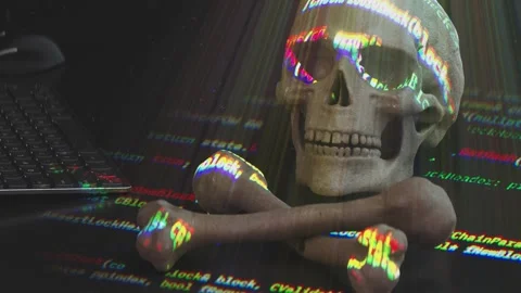 Skull with Code Representing Hacker Online Piracy and Cybercrime Stock Footage 313459789