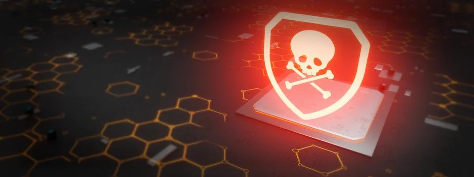 A skull, concept of computer security, malware or hacker attack 3D Render Stock Illustration