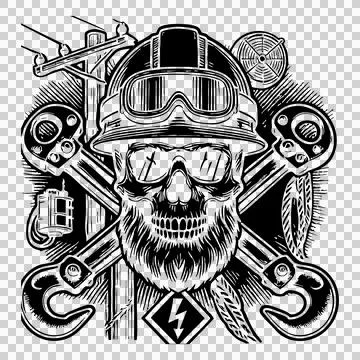 Skull With Construction Helmet And Hooks theme lightning Stock Illustration