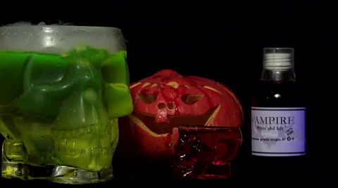 Skull container, smoke and pumpkin Stock Footage 54916273