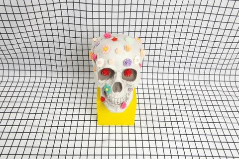 A skull covered with multiple plastic flowers on a white squared tile pattern Stock Photos