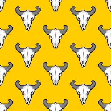Skull cow pixel art pattern seamless. Skeleton head of bull 8 bit background. Stock Illustration