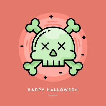 Skull with crossed bones icon, flat design thin line Halloween banner Stock Illustration