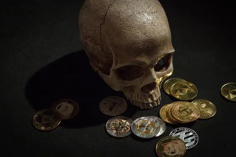 Skull with cryptocurrencies Stock Photos
