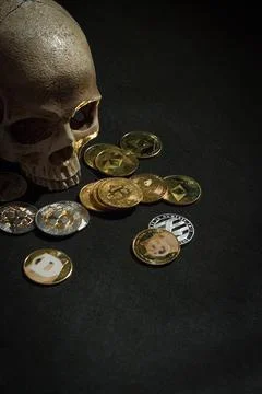 Skull with cryptocurrencies Stock Photos