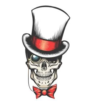 Skull in cylinder hat with monocle Illustrazione stock