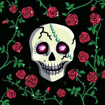 Skull decorated jewel gem ruby eyes. Red rose floral climbing curly flower 스톡 일러스트