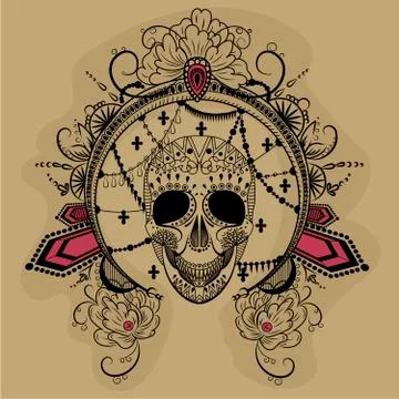 A skull with decorated round frame. Stock Illustration