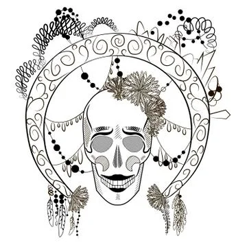 A skull with decorated round frame. Stock Illustration