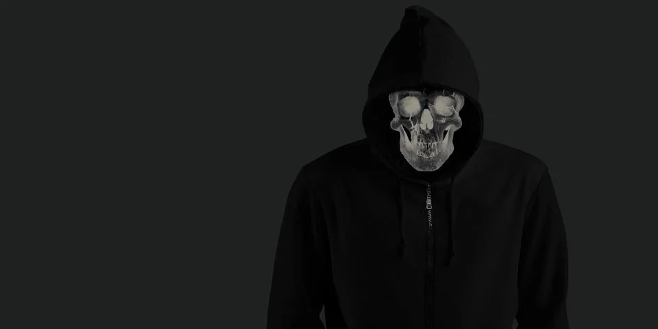 Skull Devil in Black Cloak Skull Hood Smiling Under Black Clothes Soul in a r Illustrazione stock