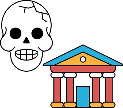A skull is drawn next to a building with columns Ilustración de archivo