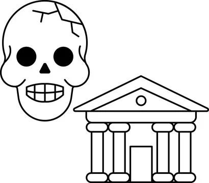 A skull is drawn next to a building with columns Ilustración de archivo