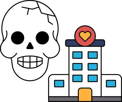 A skull is drawn next to a building with a heart on it Ilustración de archivo