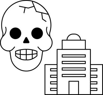 A skull is drawn next to a building Ilustración de archivo