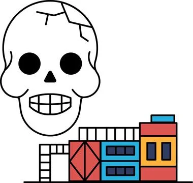 A skull is drawn next to a building Ilustración de archivo
