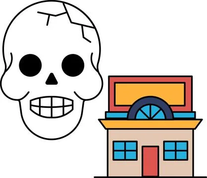 A skull is drawn next to a building Ilustración de archivo