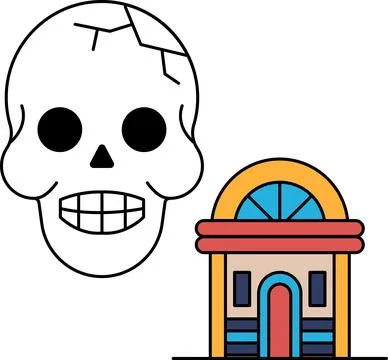 A skull is drawn next to a building Ilustración de archivo