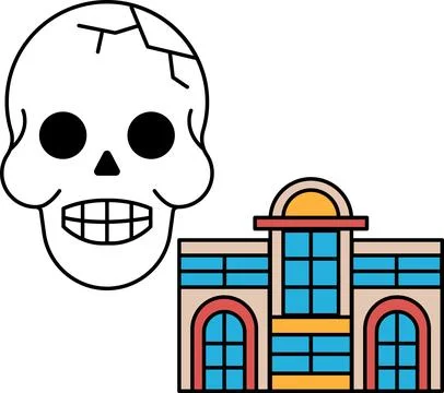 A skull is drawn next to a building Ilustración de archivo