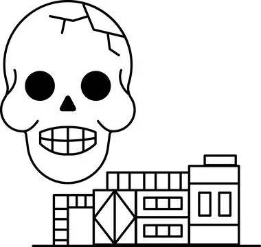 A skull is drawn next to a building Ilustración de archivo