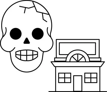 A skull is drawn next to a building Ilustración de archivo