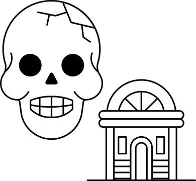 A skull is drawn next to a building Ilustración de archivo