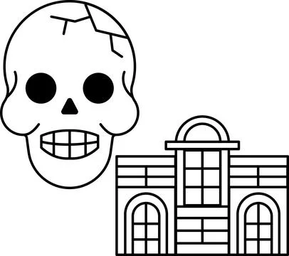 A skull is drawn next to a building Ilustración de archivo