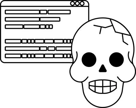 A skull is drawn next to a computer screen with a black and white background Stock Illustration