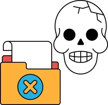 A skull is drawn next to a folder with an X on it Stock Illustration