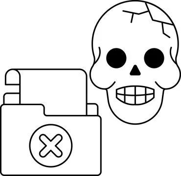 A skull is drawn next to a folder with an X on it Stock Illustration