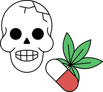 A skull is drawn with a pill next to it Stock Illustration
