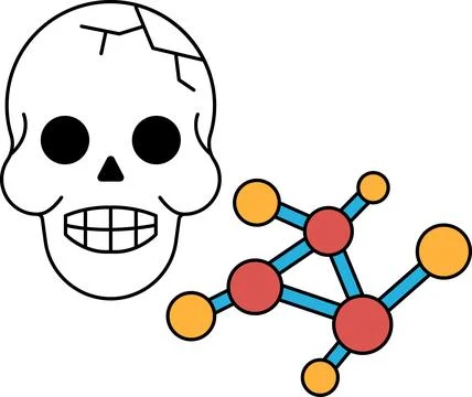 A skull is drawn with a smile on its face and a molecule is drawn next to it Stock Illustration